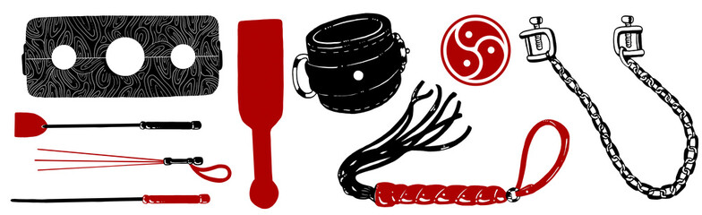 BDSM hand drawn clipart in black and red colors. White background
