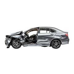 Roadside Collision: Damaged Car After Accident isolated on transparent and white background. Ideal for use in advertising. Generative ai