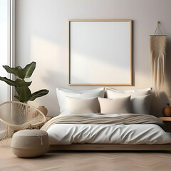 Vertical wall art frame mockup in bedroom interior, boho style, bed and wooden floor 