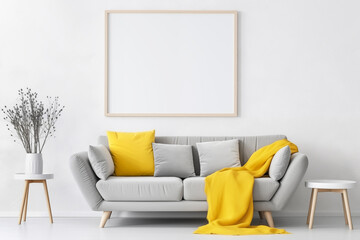 Modern Living Room with Gray Sofa and Yellow Accents and blank poster mockup on white wall
