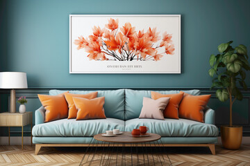A well-appointed interior living room mockup featuring solid colorful elements and an empty frame on the wall, offering a high-quality and spacious setting for your copy.