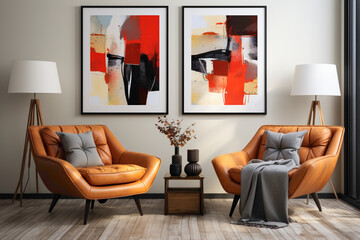 Elevate your space with two chairs in a harmonious blend of brown, white, and red, arranged against a blank wall. 