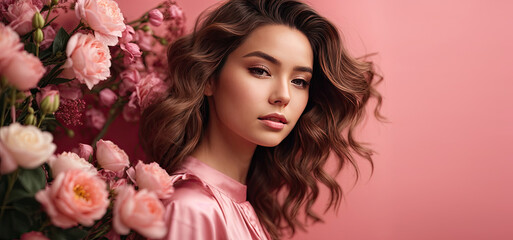 A young brunette woman with a hairstyle of spring flowers in her hair on a pink solid background with copy space. Feminine beauty portrait, makeup, hairstyle, stylist, feminine energy. 