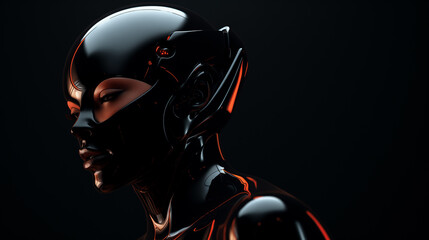 Portrait of the female robot in a black helmet. The person in a profile close up on a black background. New modern technologies
