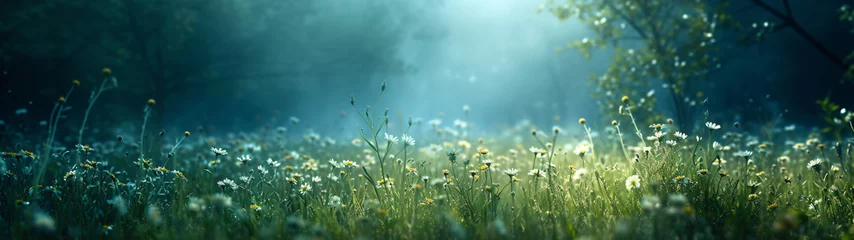 Foto auf Acrylglas panorama of meadow with chamomile or wildflowers © Helfin