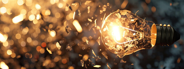 Exploding Light Bulb with sparks and fragments flying in Dark Room, copy space
