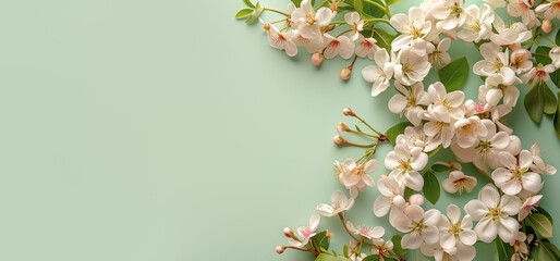 Number eight made from apple blossoms on green banner. International Women's Day