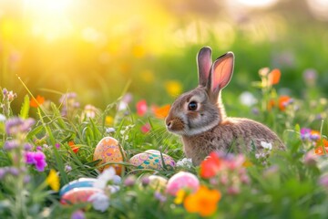 Bunny with painted eggs in a vibrant Flower-filled meadow during sunrise