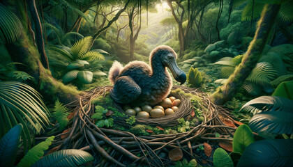 A dodo hatching eggs on the floor