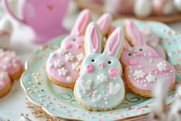 Obraz na płótnie Canvas Bunny-shaped cookies and easter treats on a decorative plate