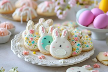 Bunny-shaped cookies and easter treats on a decorative plate