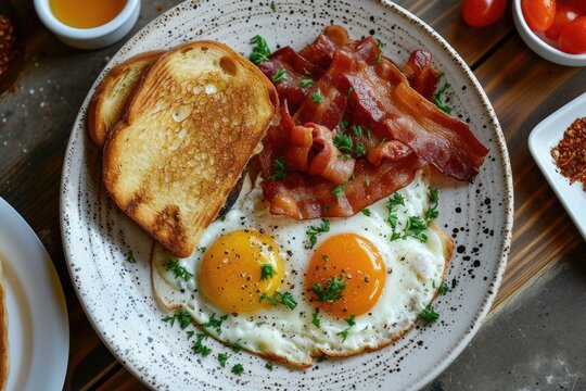 A high angle shot of a delicious breakfast spread featuring sunny-side-up eggs, crispy bacon, and toast Breakfast with fried eggs, bacon and toasts