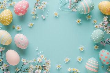 Creative flat lay of easter eggs and accessories on a pastel background