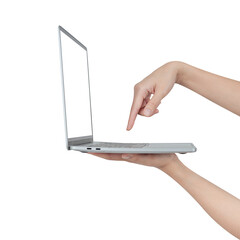 Hand holding computer laptop with blank screen isolated on white background.