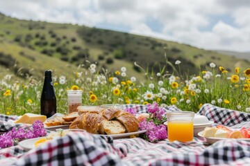 Rustic countryside easter picnic with homemade traditional foods Checkered blankets And an idyllic setting among wildflowers and rolling hills