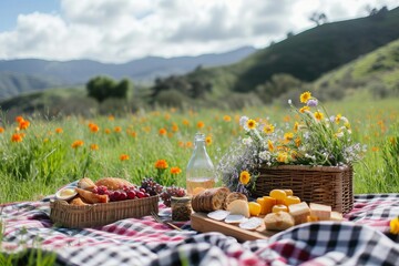 Rustic countryside easter picnic with homemade traditional foods Checkered blankets And an idyllic setting among wildflowers and rolling hills
