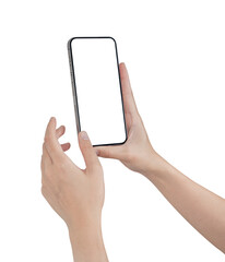 Hand holding smartphone with blank screen isolated on white background.