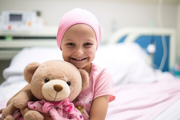 Little girl with cancer smiling and holding a teddy bear in a hospital bed.