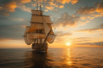 Historical pirate ship replica with sails set against the sunset