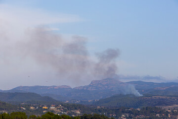 Fototapeta premium Forest fire in the Sant Llorenc del Munt Natural Park, Barcelona, Spain. August 2023