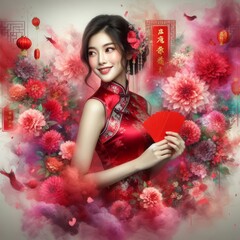 Happy Chinese New Year. Beautiful asian woman in traditional cheongsam dress with flowers.