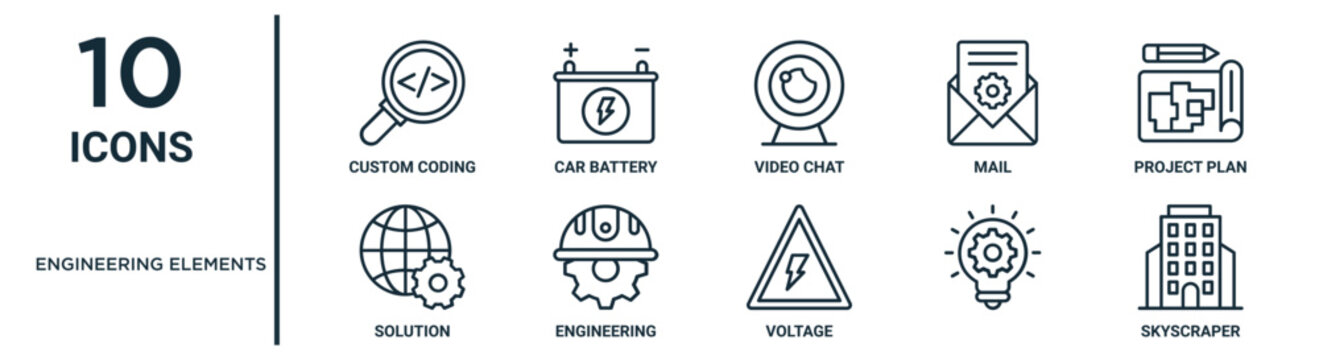 engineering elements outline icon set such as thin line custom coding, video chat, project plan, engineering, , skyscraper, solution icons for report, presentation, diagram, web design