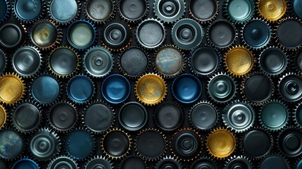 Artistic pattern of various unused bottle caps arranged with precision