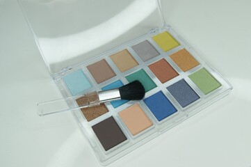 Cosmetic brush on an eyeshadow palette. High quality photo