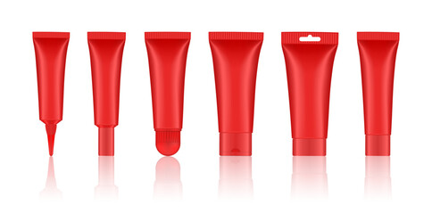Set of red cosmetic tubes. Closed blank tubes with caps. Realistic mockup. Long nozzle tube. for ointment or salve. Gel serum. Korean packaging. Lip gloss - obrazy, fototapety, plakaty