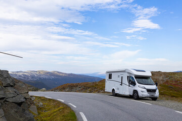 Motorhome camper in Stegastein view point road, south Norway. Europe