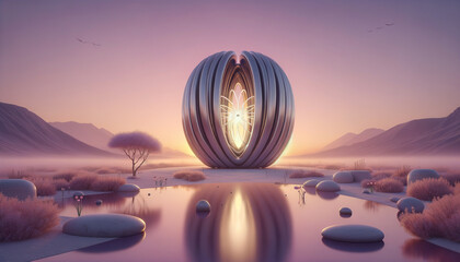 Minimalist fusion reactor in serene dawn landscape, symbolizing inner peace and wellness.