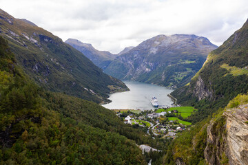 Autumn landscape in Geiranger Fiord valley in south Norway, Europe