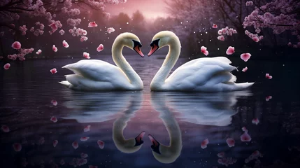 Foto op Aluminium A mesmerizing Valentine's Day scene featuring two elegant swans gracefully floating on a moonlit lake  © Wajid