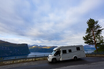 Motorhome camper in Bergen to Alesund road in south Norway, Europe