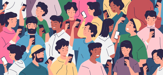 Crowd using smartphones. Many people group smartphone obsession, teens look phone screen read internet news texting, mobile network technology addiction classy vector illustration - obrazy, fototapety, plakaty