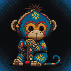 Embroidery neckline colorful little monkey seamless pattern on denim textured background. Vector beautiful backdrop. Ornamental surface embroidered monkey for design, applique, prints, fabric, cloth