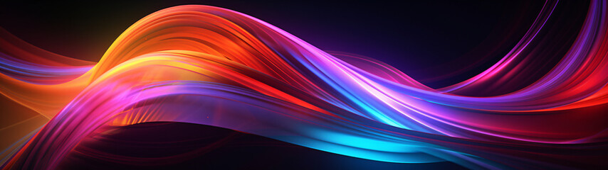 panorama of colorful glowing neon waves on a black background
