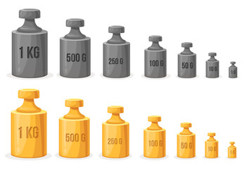 Calibration weights. Steel weight unit measurement equipment for libra scales, retro metal mass kilogram gram standard measure for scale accuracy balance, neat vector illustration