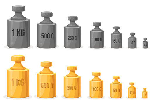 Calibration weights. Steel weight unit measurement equipment for libra scales, retro metal mass kilogram gram standard measure for scale accuracy balance, neat vector illustration