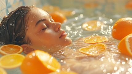 Woman Relaxing in Citrus Filled Spa Bath
 - obrazy, fototapety, plakaty