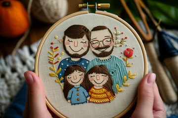 cute portrait of happy gay family with children embroider in a wooden hoop 