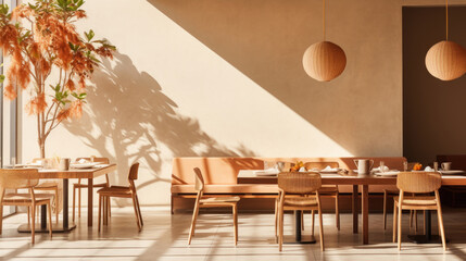 Warm Bali sunlight cafe interior with Peach Fuzz color walls, maximalist design