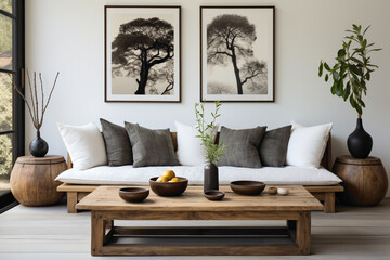 Step into a tranquil living room featuring white and dark brown sofas paired with a wooden table. 
