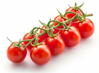 Fresh, ripe tomatoes on the vine, isolated on a white background.