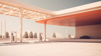 Sunlit petrol station with Peach Fuzz color, minimalist background