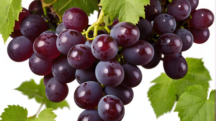 Fototapeta premium Red grape cluster with green leaves isolated on white background.