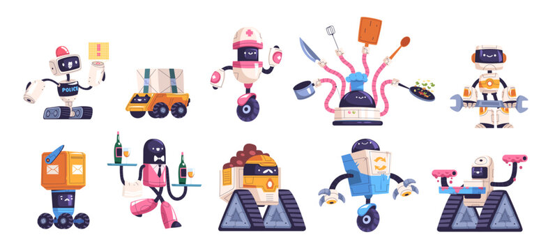 Retro bots. Futuristic robot work characters, internet game toy transformer bot for cooking or mail robotic technology, funny computer friendly machine, classy vector illustration