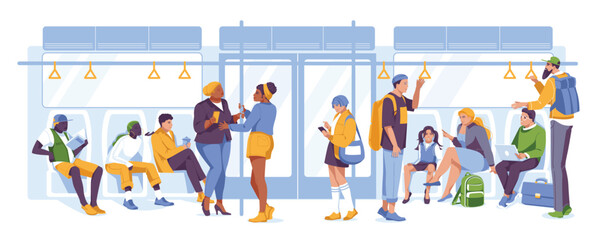 A crowd of different people in a subway car. underground. variety. Vector flat illustration