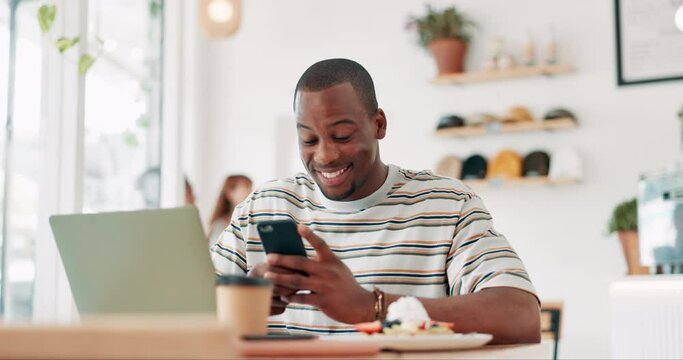 Cafe, phone and happy black man typing for remote work, social media or reading email notification. Smartphone, smile or person in restaurant, freelance writer or scroll on mobile app for funny meme