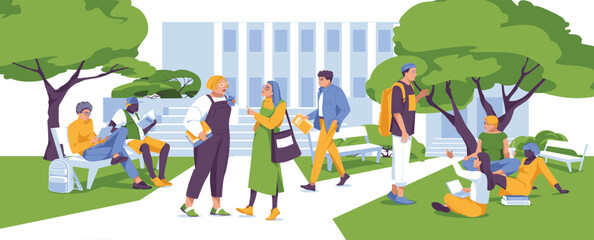 A crowd of students on the campus lawn. Diversity people. College and education. Flat vector illustration